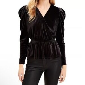 LOFT Womens Black Whimsigoth Velvet Puff Sleeve Peplum Wrap Top Size L